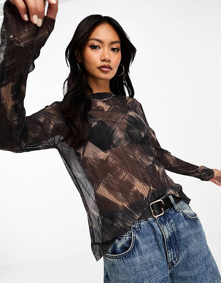 Other Stories plisse mesh long sleeve top in brushed print